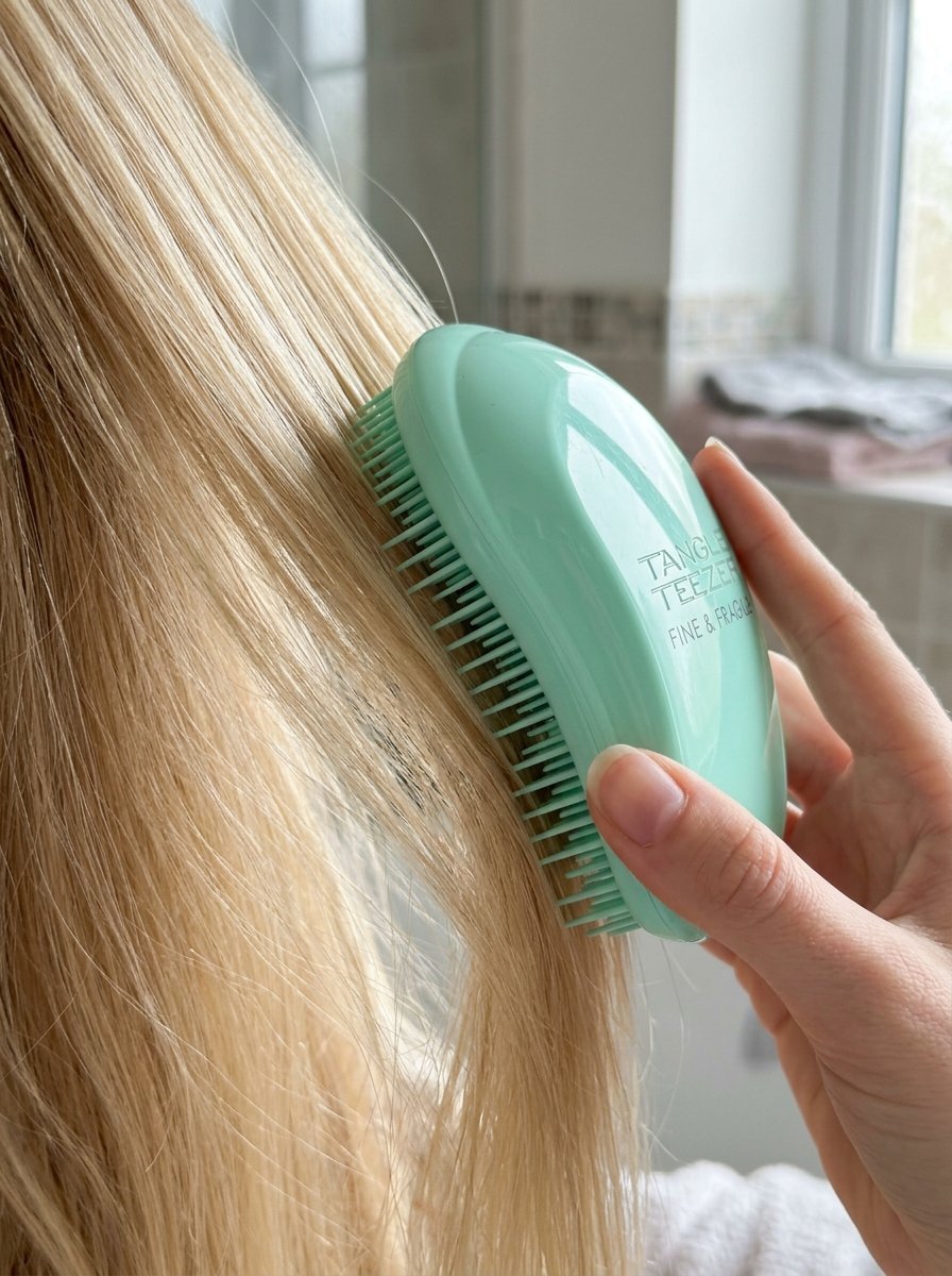 Close up of a person holding a mint green detangling hairbrush while brushing through long, straight blonde hair.