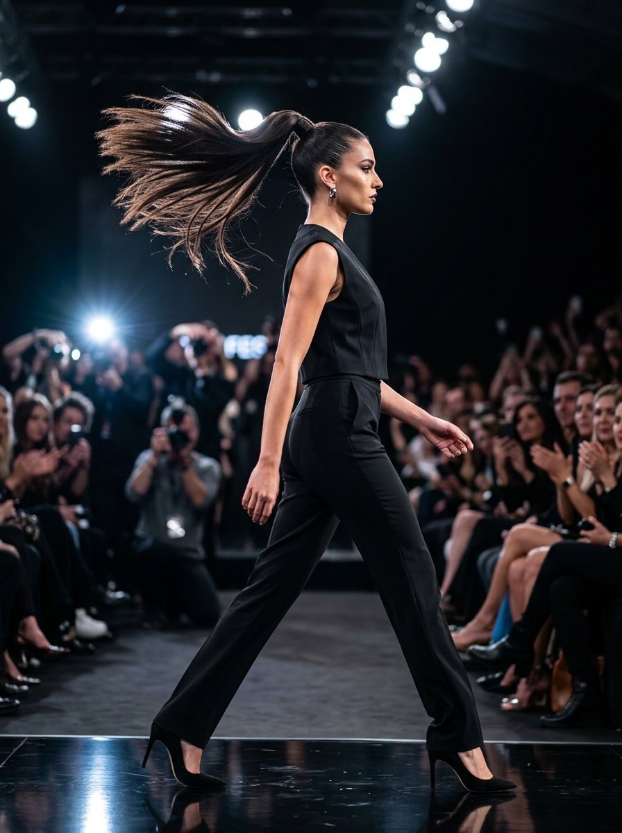 Model wearing a black sleeveless top and trousers walks down a dimly lit fashion runway with audience members.