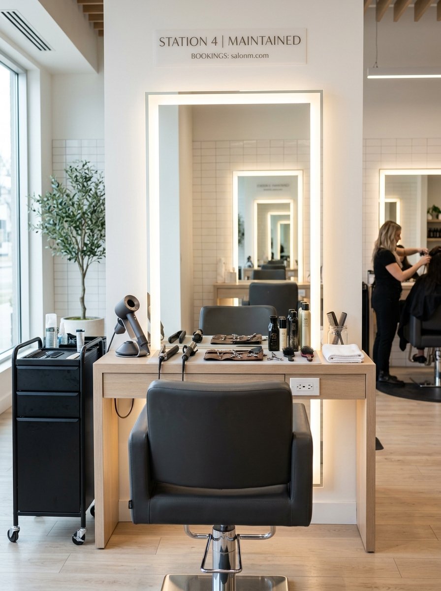 Professional salon station with a backlit mirror, leather chair, and hair tools on a wooden desk.