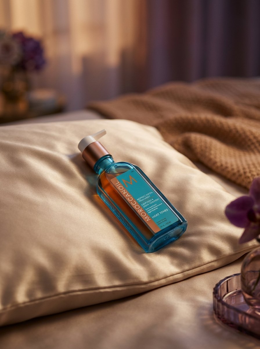 Close-up of a blue Moroccanoil hair oil bottle lying on a luxurious beige satin pillow in a soft-lit room.