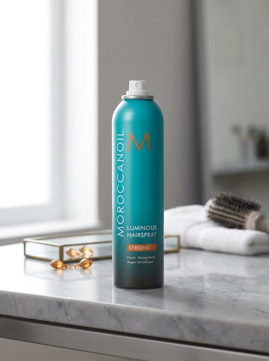 Turquoise Moroccanoil hairspray can standing on a marble countertop next to a hairbrush and small oil capsules.