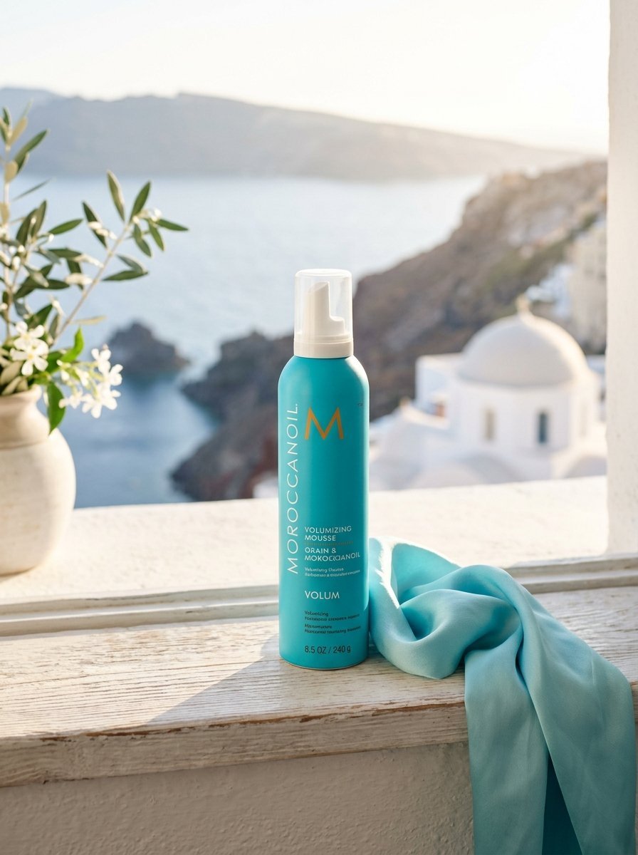 A teal Moroccanoil hair mousse bottle sitting on a windowsill next to a silk cloth and olive branch.