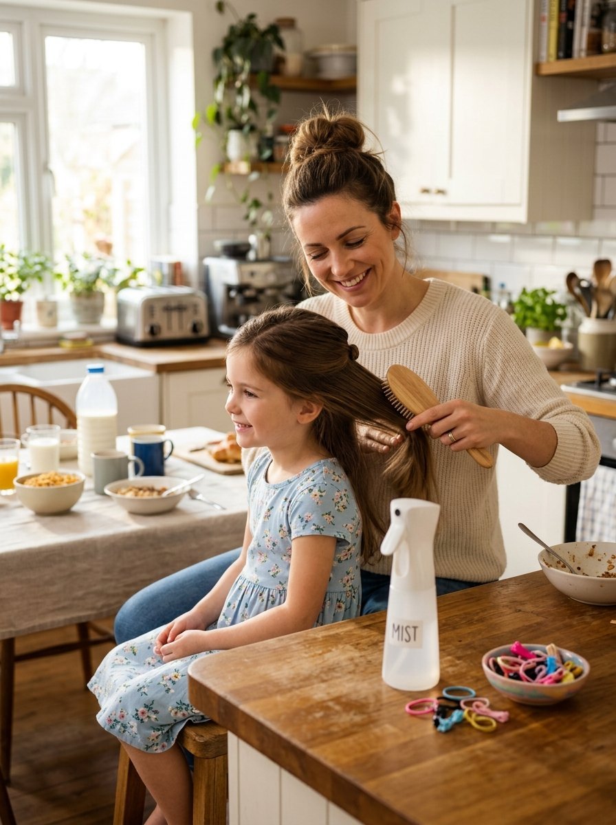 A woman styling her daughter's hair with a wooden brush in a sunlit kitchen at breakfast time.