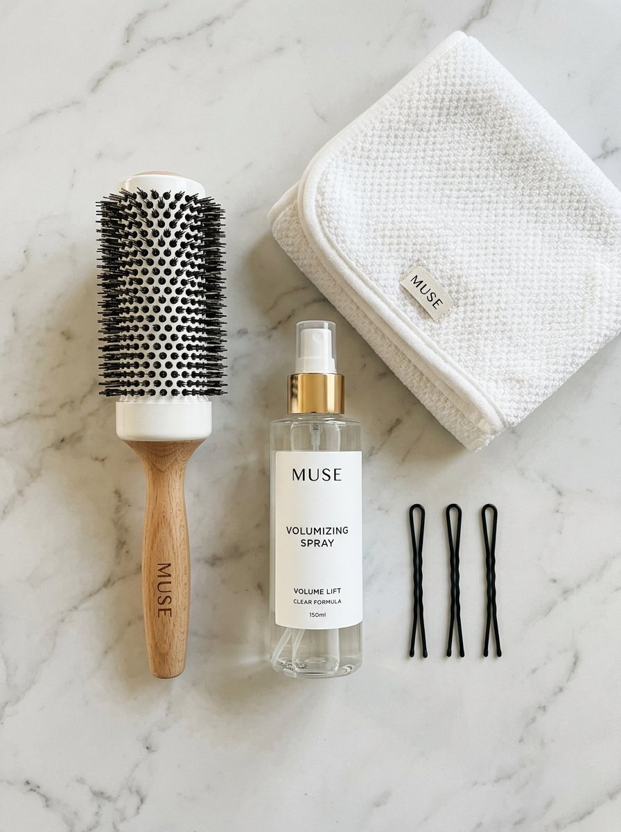 Muse brand volumizing spray, wooden round brush, white towel, and three black bobby pins on a marble surface.