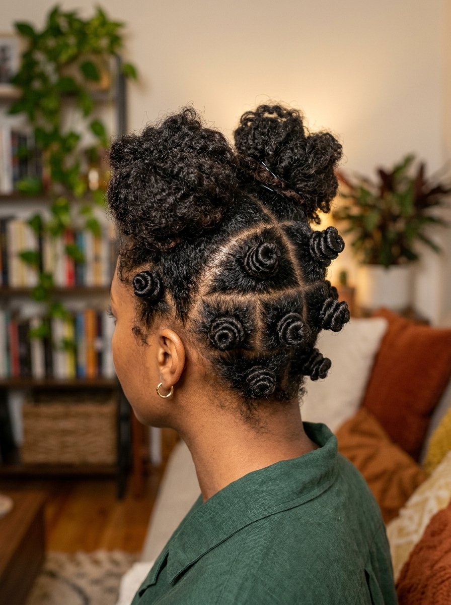 Close up view of the back of a woman's head featuring intricate hair sectioned into Bantu knots.
