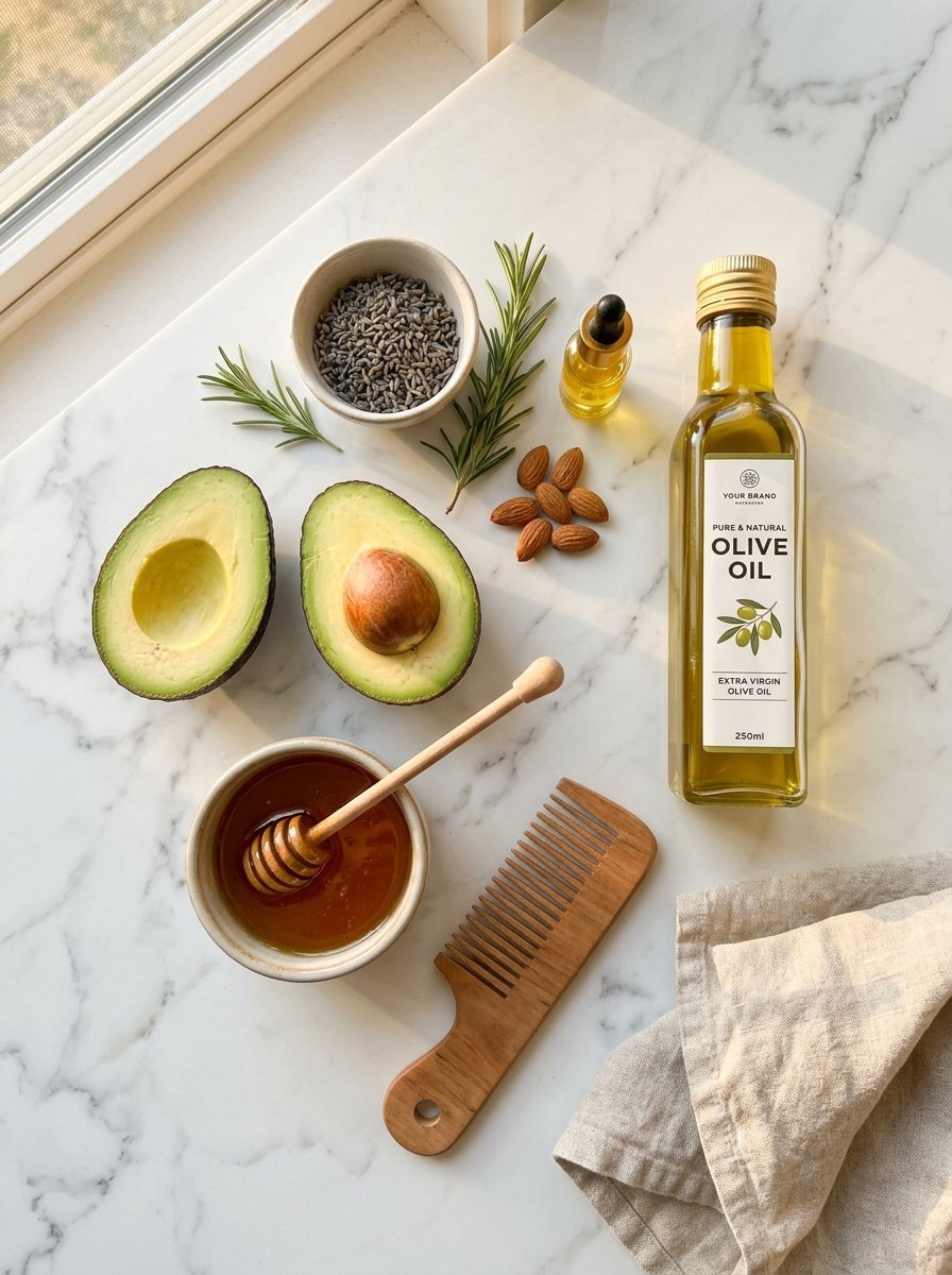 Flat lay of olive oil, fresh avocado, honey, almonds, and dried lavender on a marble surface with a wooden comb.