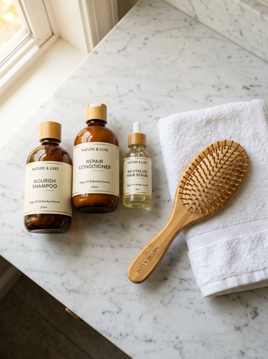 Set of Nature & Luxe shampoo, conditioner, serum, and a wooden hair brush sitting on a white marble countertop.