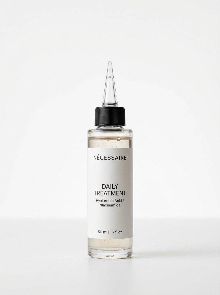 Nécessaire Daily Treatment facial serum in a clear plastic bottle with a pointed black applicator cap.