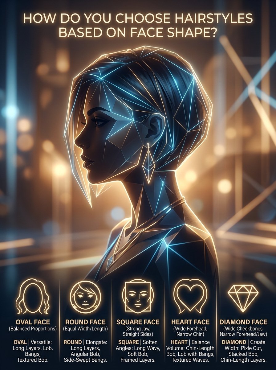 A stylized woman's profile with glowing geometric lines, displaying a guide to choosing hairstyles for five face shapes.