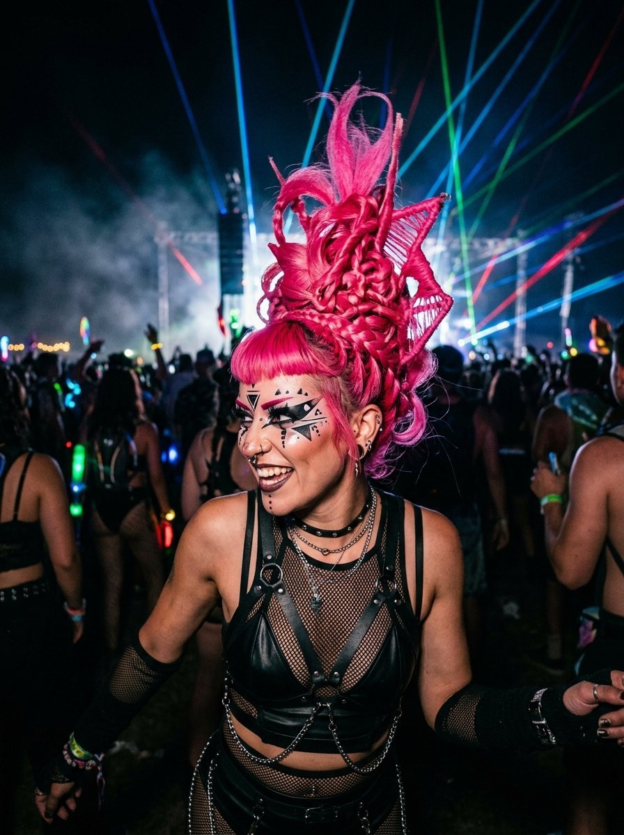 Close up of a smiling woman with tall pink braided hair and facial makeup dancing at a nighttime concert with lasers.