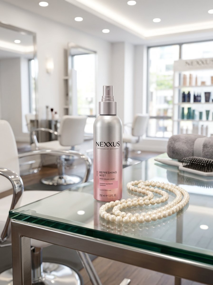 Nexxus hair mist bottle sitting on a glass table with a pearl necklace in a modern hair salon.