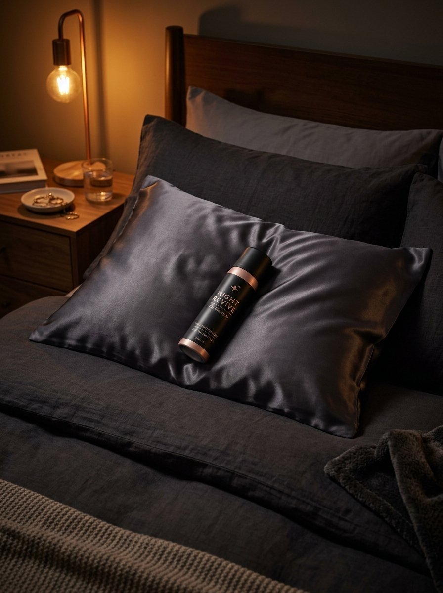 Close up of a Night Revive product bottle placed on a shiny dark grey silk pillowcase in a dimly lit bedroom.