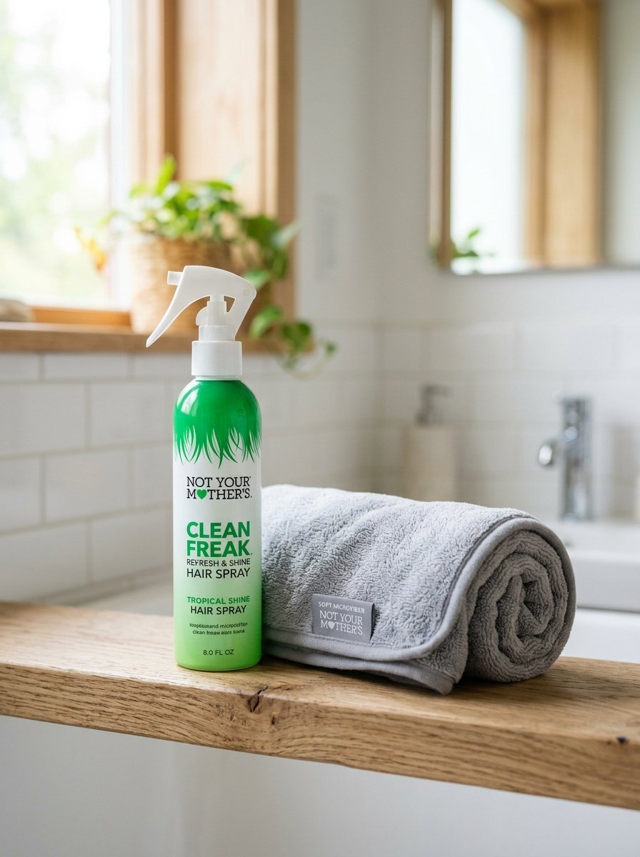 A bottle of green Not Your Mother's Clean Freak hair spray sits on a wooden ledge next to a rolled microfiber towel.