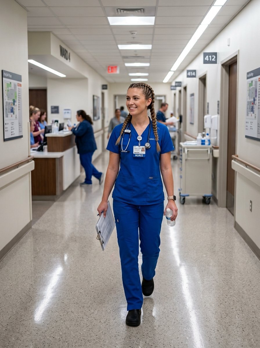 Young female nurse with braided hair carrying a clipboard and water bottle in a clinical hospital hallway.