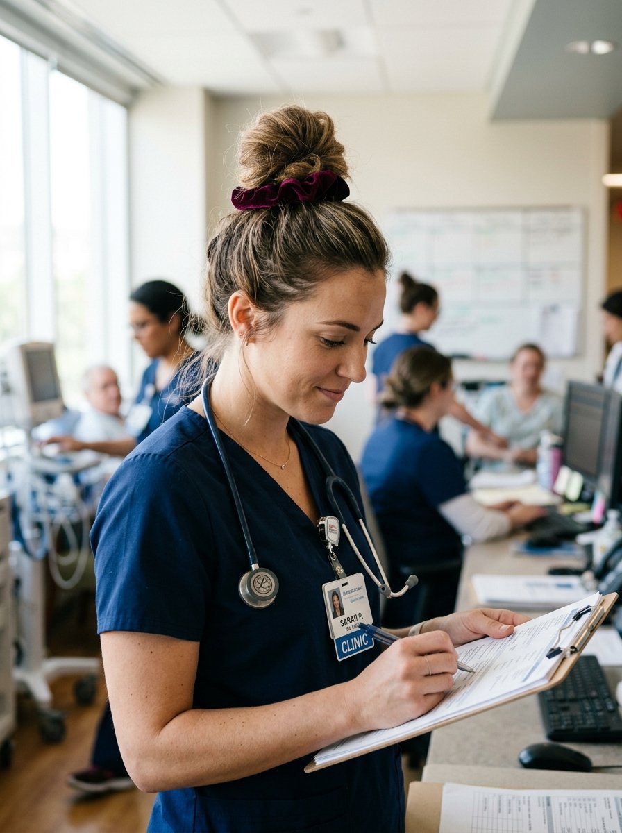 Close up of a female healthcare worker with a bun hairstyle taking notes on a clipboard in a busy hospital station.