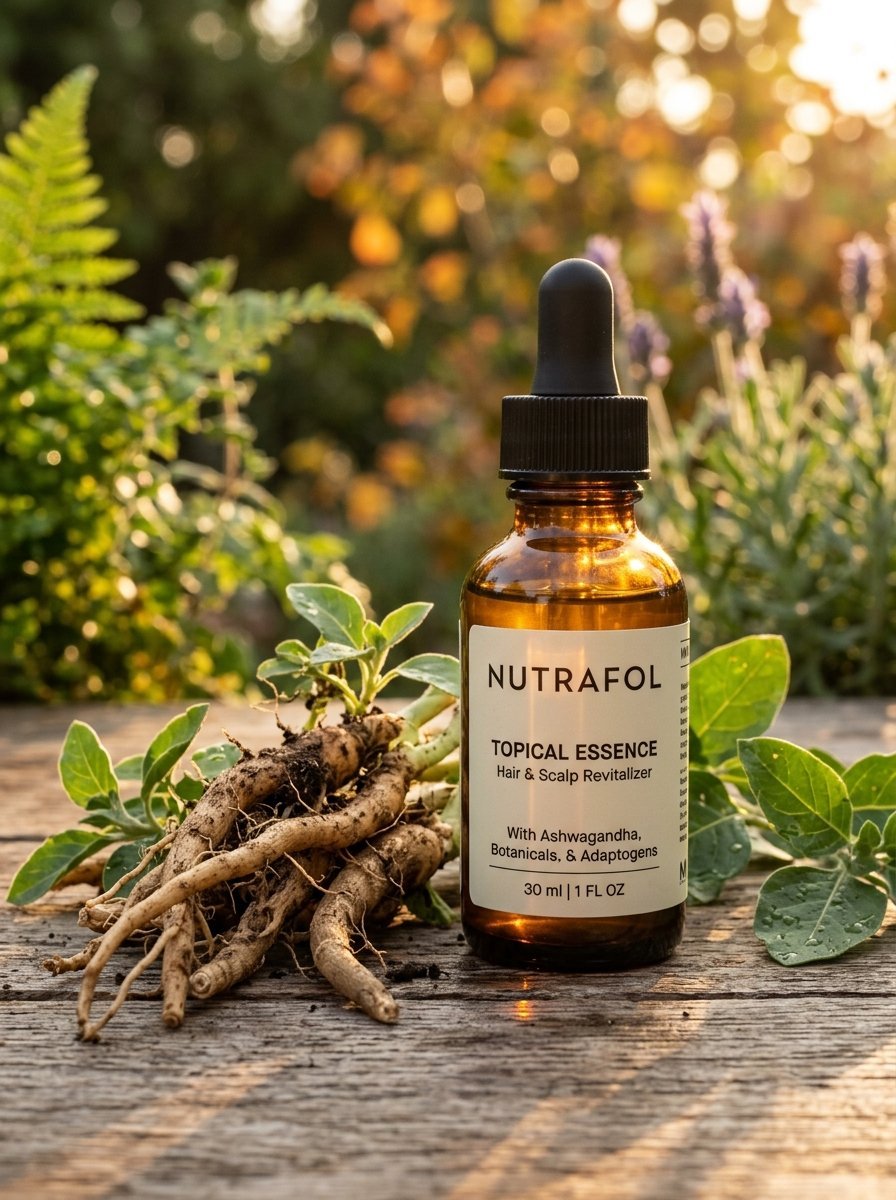 Amber dropper bottle of hair serum next to raw ashwagandha plant roots on a weathered wooden surface.