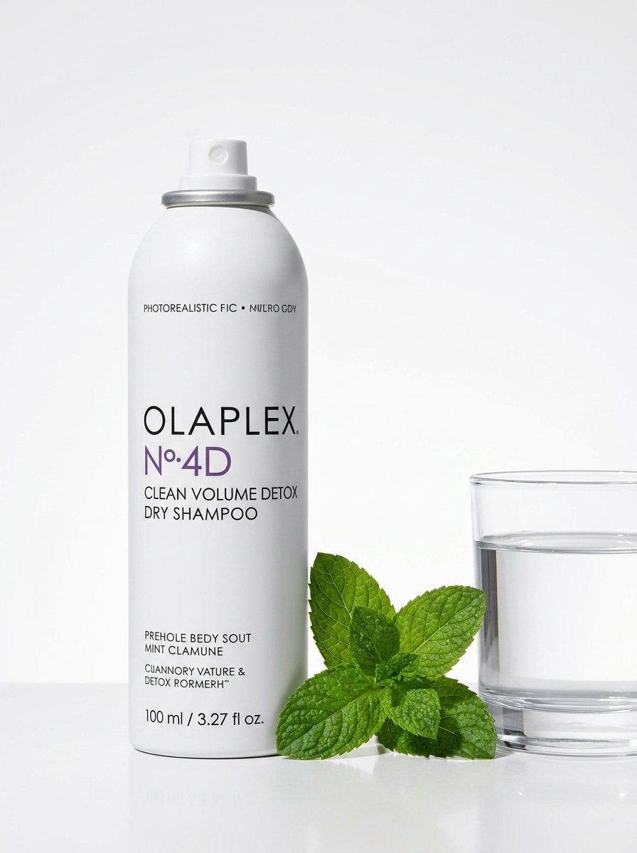 Olaplex No. 4D dry shampoo bottle next to a glass of water and a sprig of green mint.