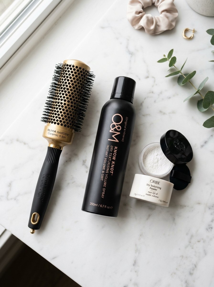 An Olivia Garden round brush, O&M volume spray, and Oribe texturizing powder arranged on a marble surface.