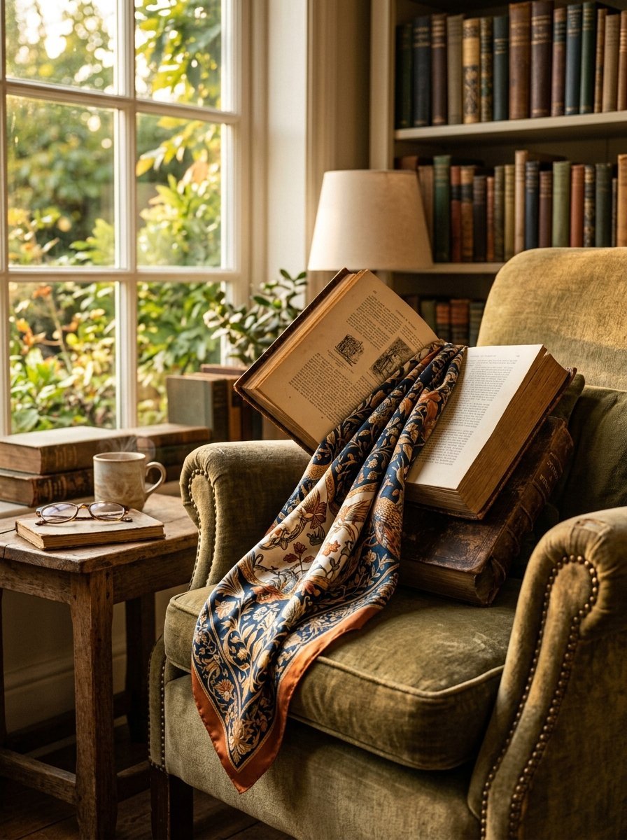 An open antique book draped with a floral scarf sits on a green velvet armchair next to a sunlit window.