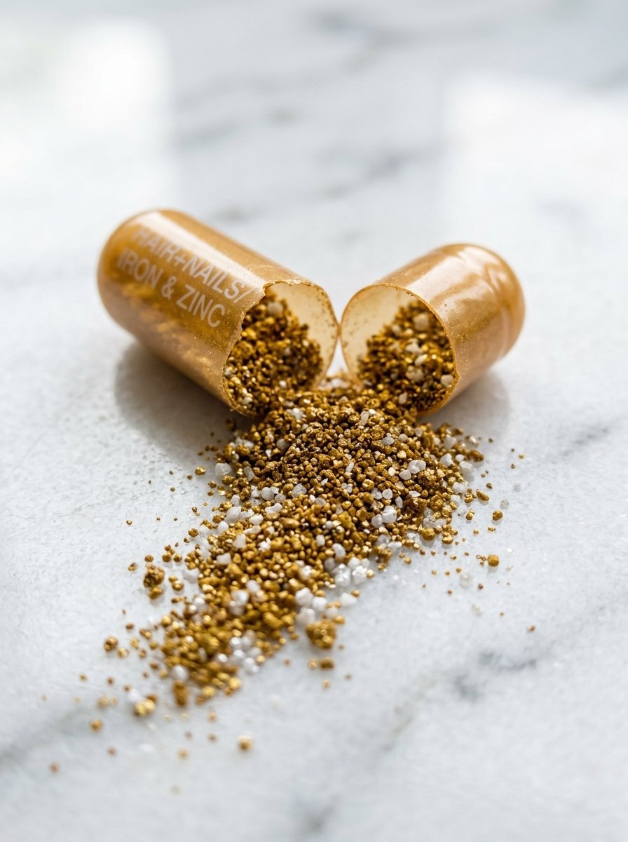 Close up of an opened vitamin capsule filled with gold and white supplement beads on a white marble surface.