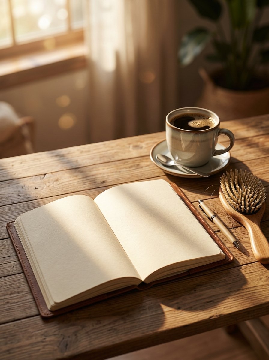 An open blank notebook, a coffee mug, and a wooden hairbrush sitting on a sunlit wooden table.