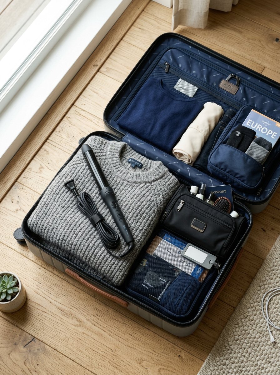 Top-down view of an open hardshell suitcase packed with a grey sweater, travel accessories, and a Europe guidebook.