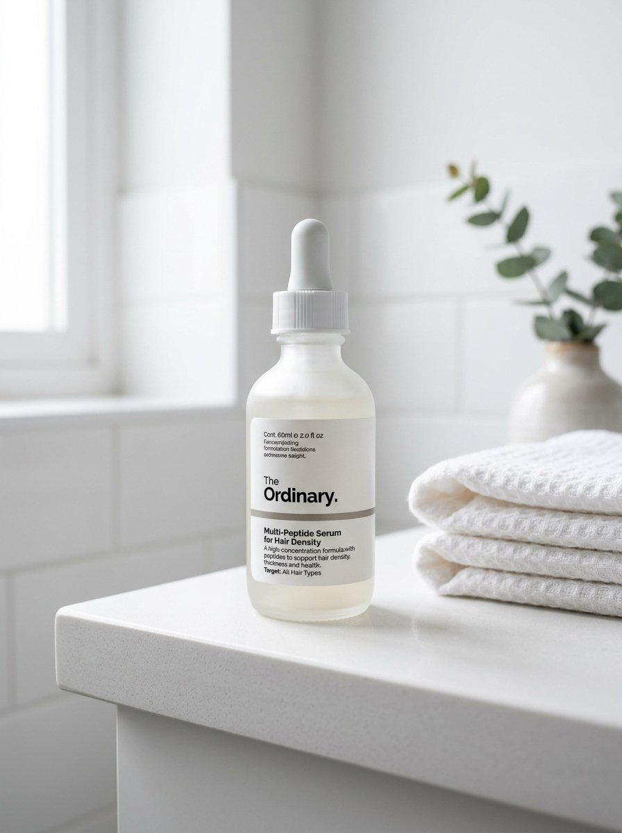 Clear glass dropper bottle of The Ordinary hair serum on a white bathroom counter next to folded towels.