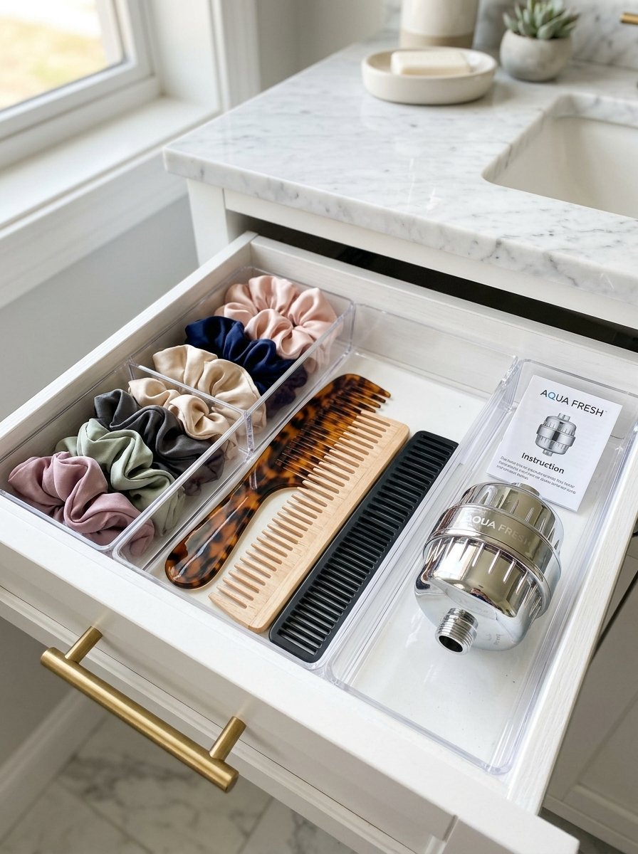Clear acrylic drawer dividers hold hair scrunchies, a tortoiseshell comb, and an Aqua Fresh shower filter.