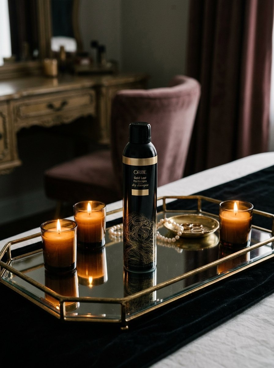 A black Oribe dry shampoo canister surrounded by two lit candles and pearl jewelry on a decorative mirrored tray.