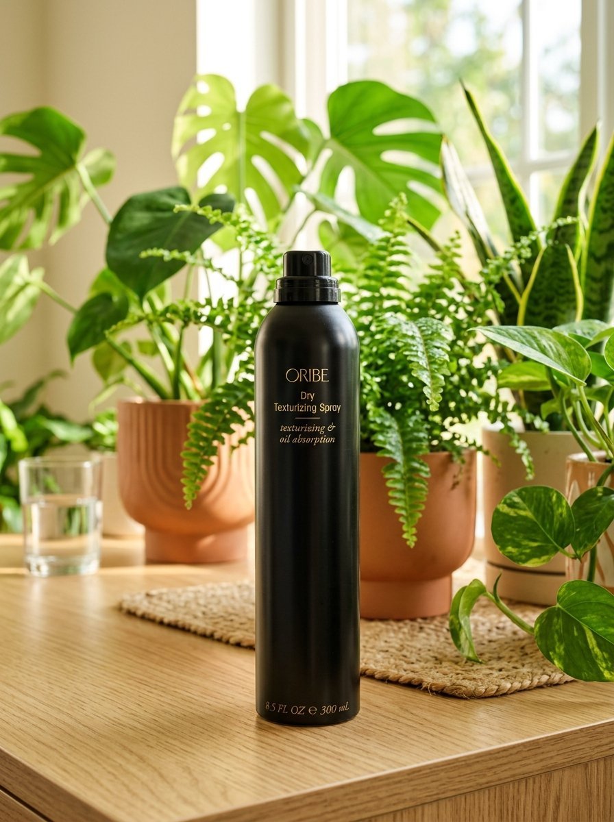 A matte black bottle of Oribe Dry Texturizing Spray placed on a wooden surface surrounded by lush indoor houseplants.