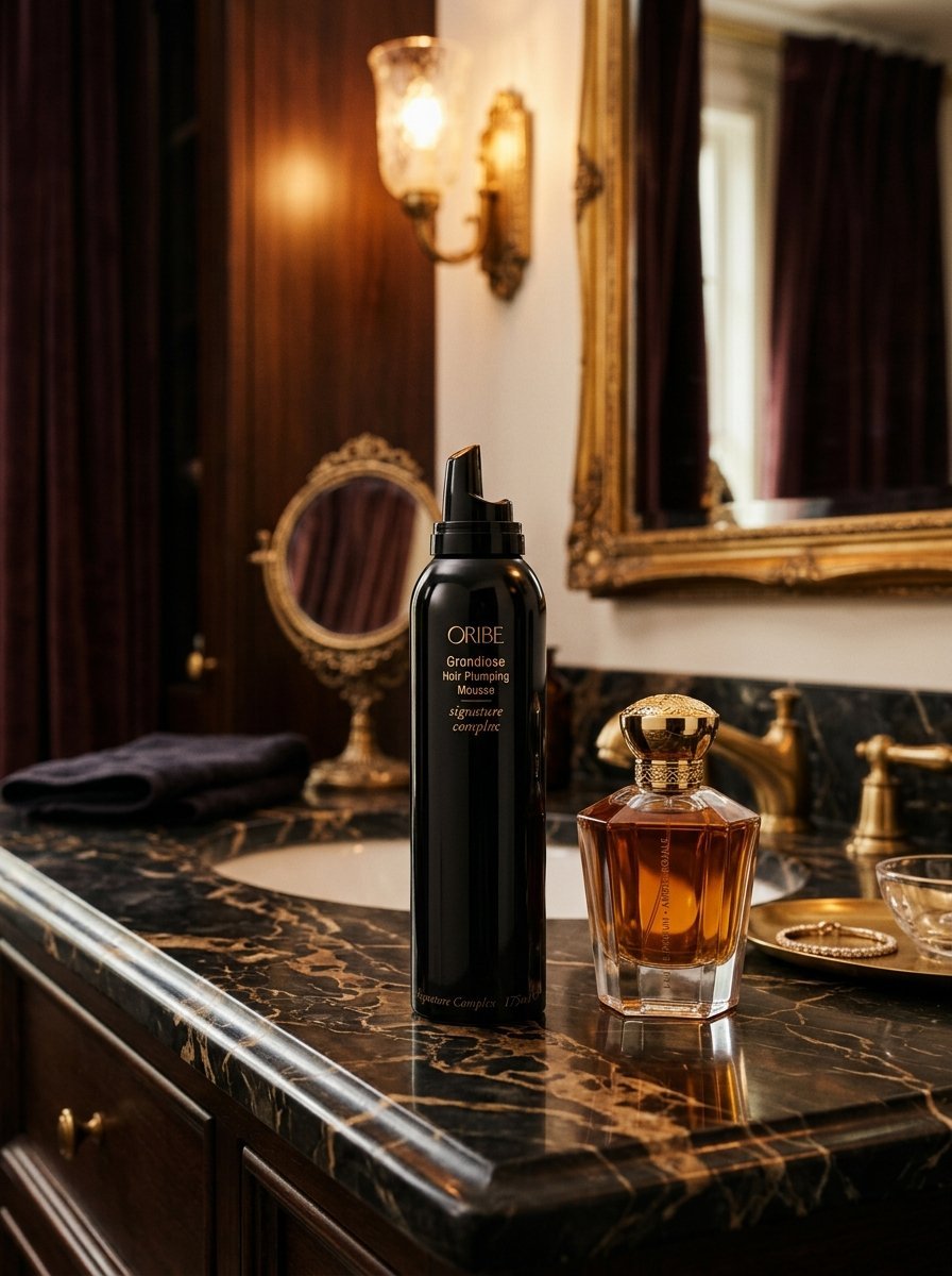A black bottle of Oribe Grandiose Hair Plumping Mousse next to a glass perfume bottle on a dark marble vanity.