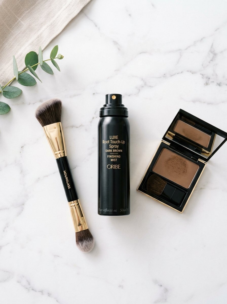 Oribe dark brown root spray, an Hourglass dual-ended brush, and brown powder compact on marble.
