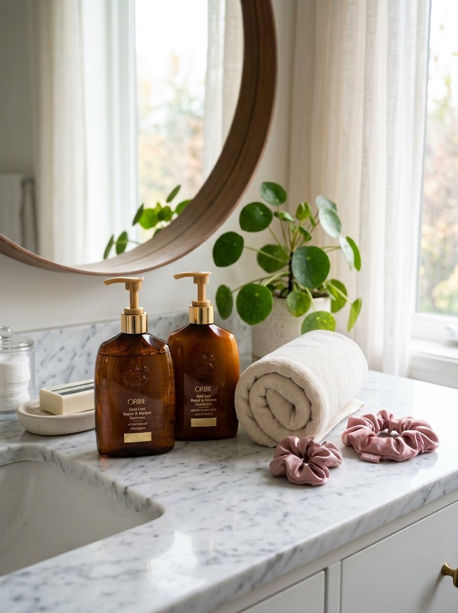 Two amber Oribe pump bottles next to a rolled cream towel and two pink silk scrunchies on a marble sink.