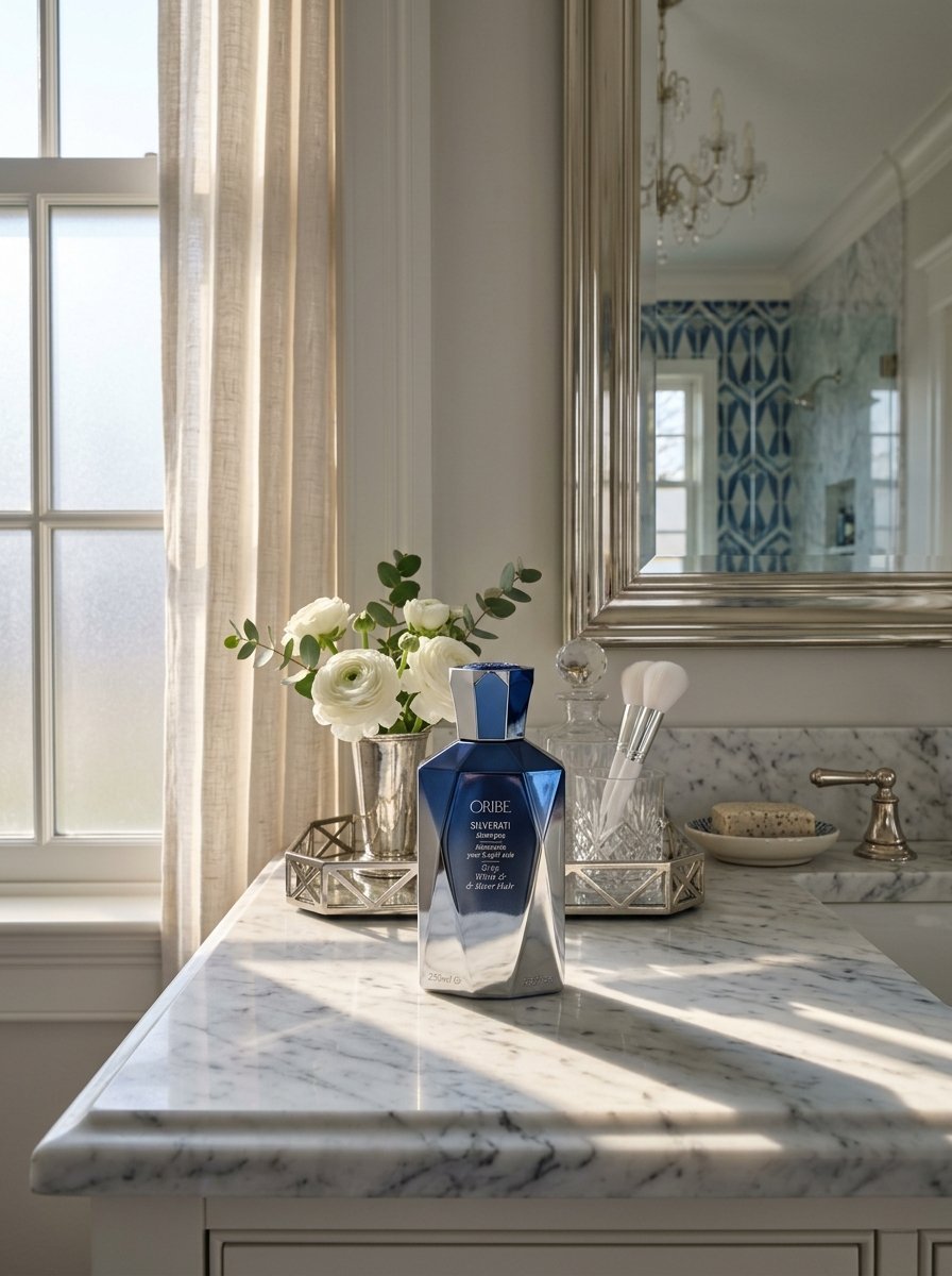 Blue and silver Oribe shampoo bottle sitting next to white flowers and makeup brushes on a marble bathroom counter.