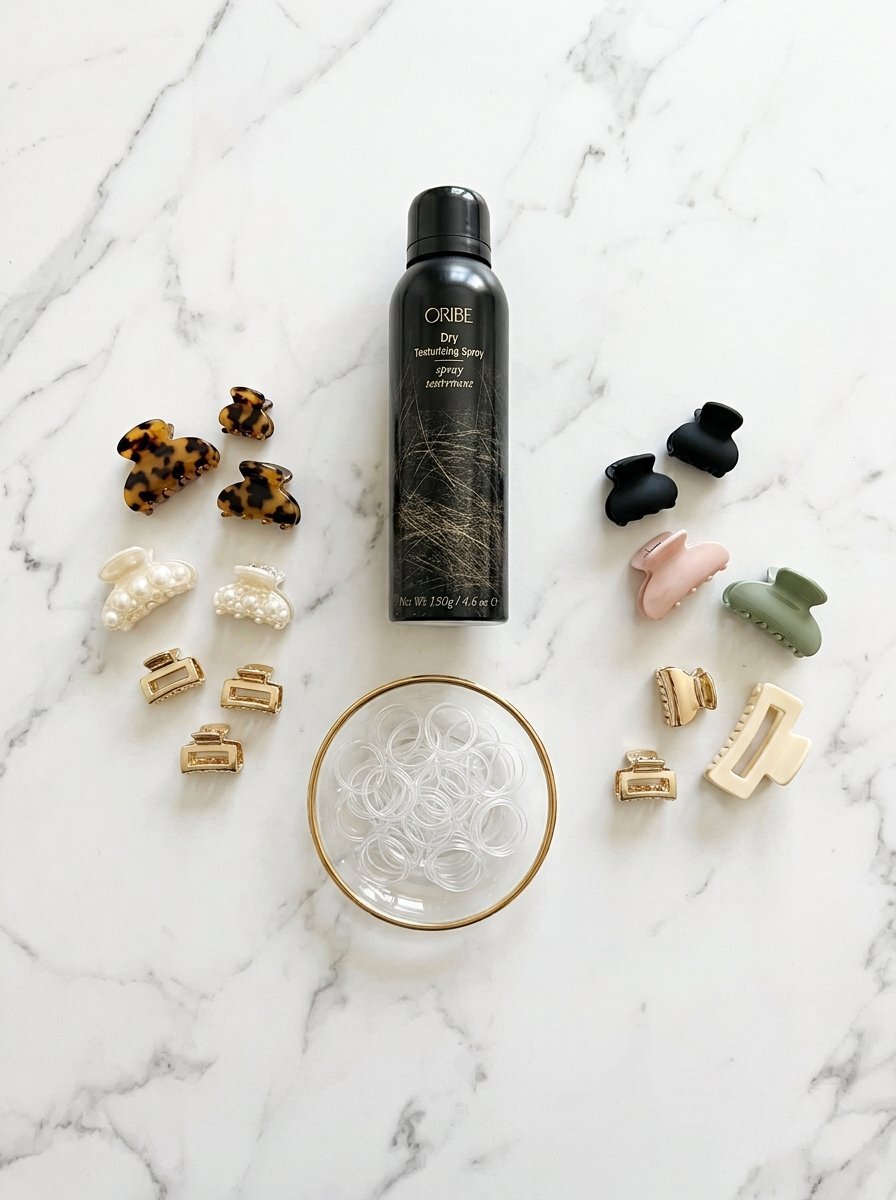 Oribe spray bottle arranged on marble with clear hair ties and assorted small claw clips.