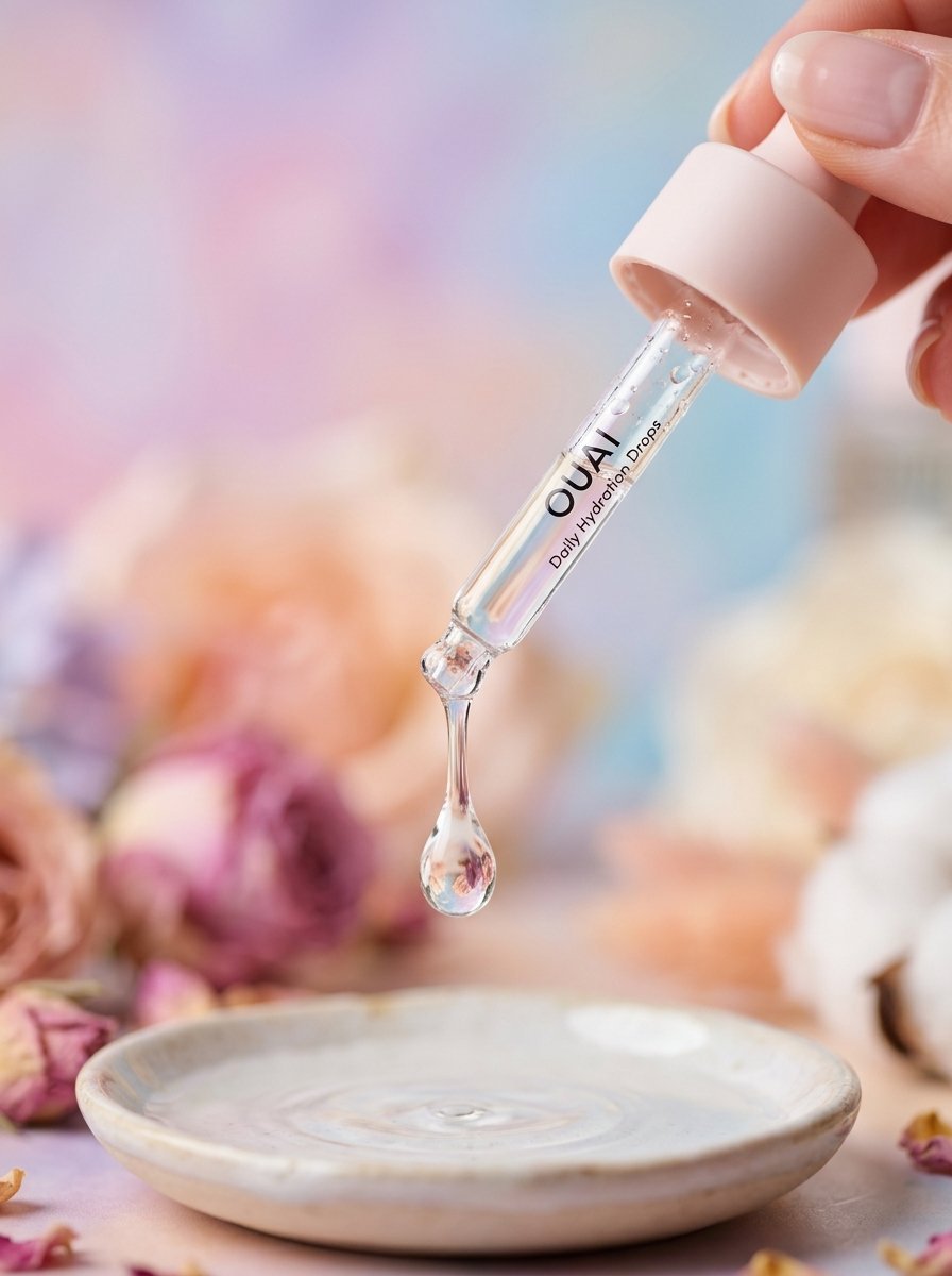 Close up of a liquid serum droplet suspended from an Ouai Daily Hydration Drops pipette above a small ceramic dish.