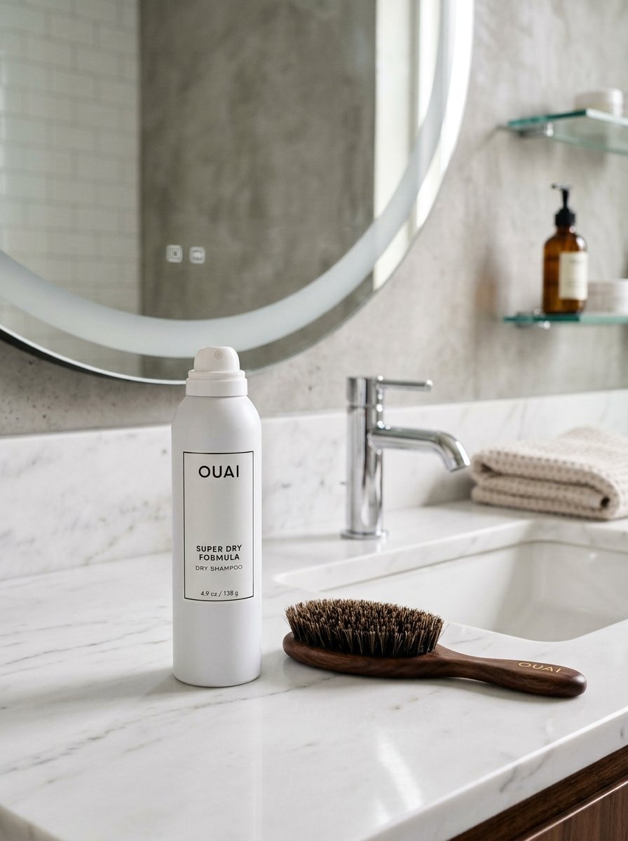 A white canister of Ouai dry shampoo sits next to a dark wooden hair brush on a white marble bathroom countertop.