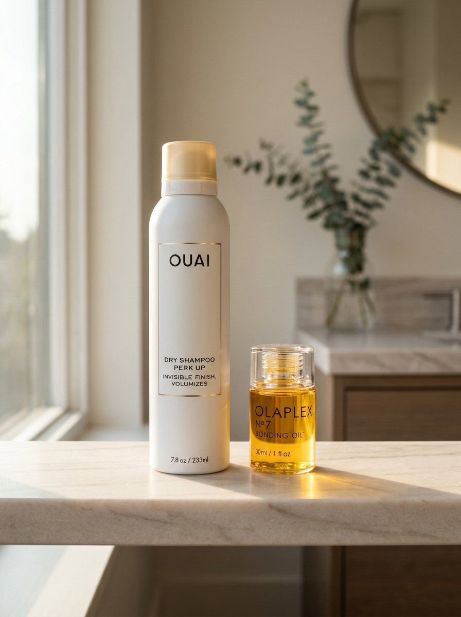 A white aerosol can of Ouai dry shampoo next to a small transparent bottle of gold Olaplex hair bonding oil.
