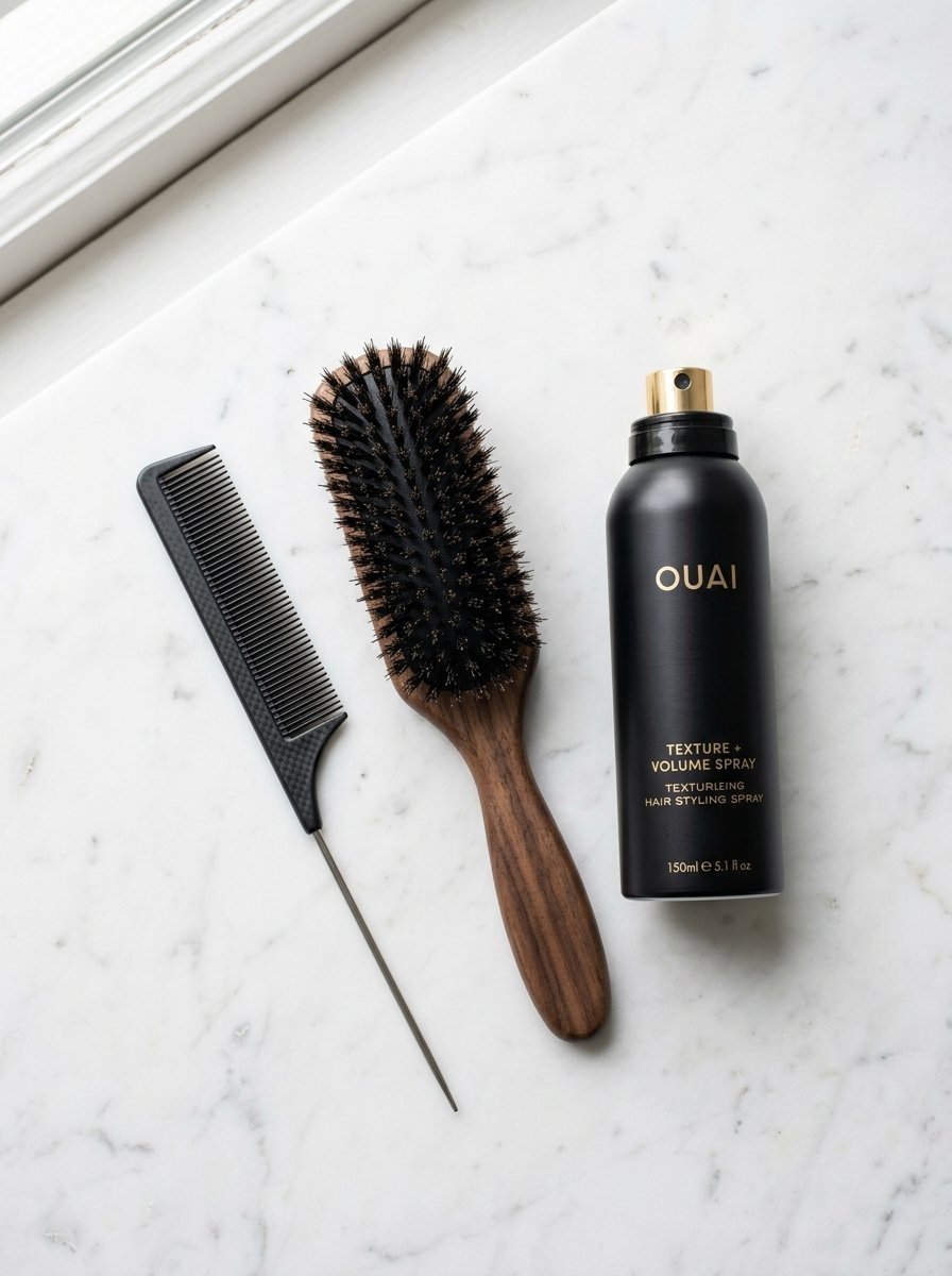 A metal tail comb, a wooden bristle brush, and a matte black Ouai spray bottle on a white marble surface.