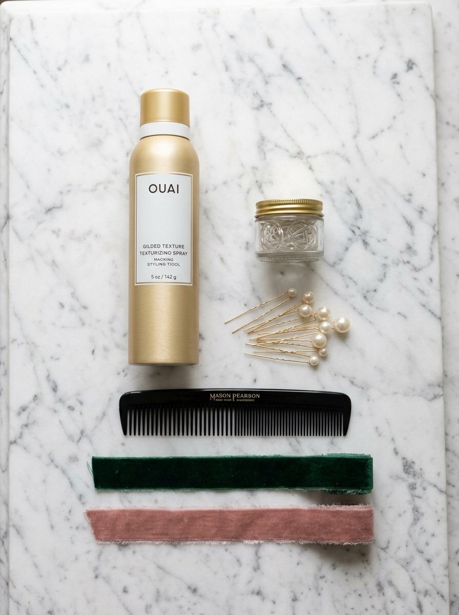 Ouai hair spray, Mason Pearson comb, pearl hairpins, and velvet ribbons laid out on a white marble surface.