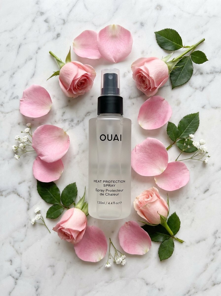 Ouai hair heat protection spray bottle centered on a marble surface with delicate pink rose petals and buds.
