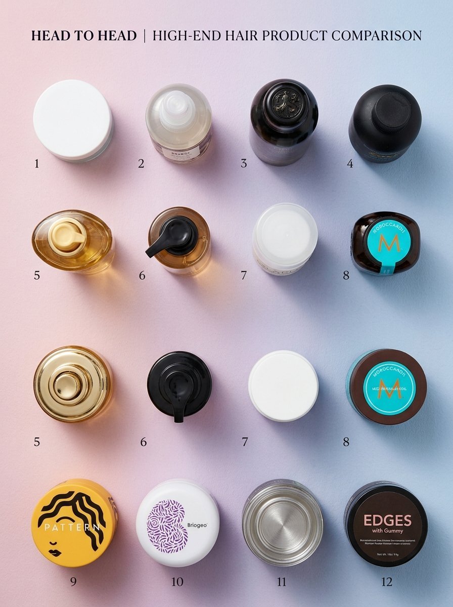 A flat lay collection of premium hair salon bottles and jars categorized by numbered labels on a gradient background.