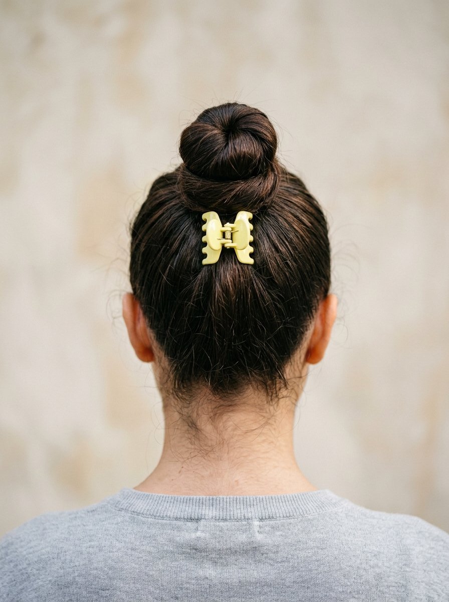 Back view of a person wearing a pastel yellow claw clip in a dark brown top knot hairstyle.