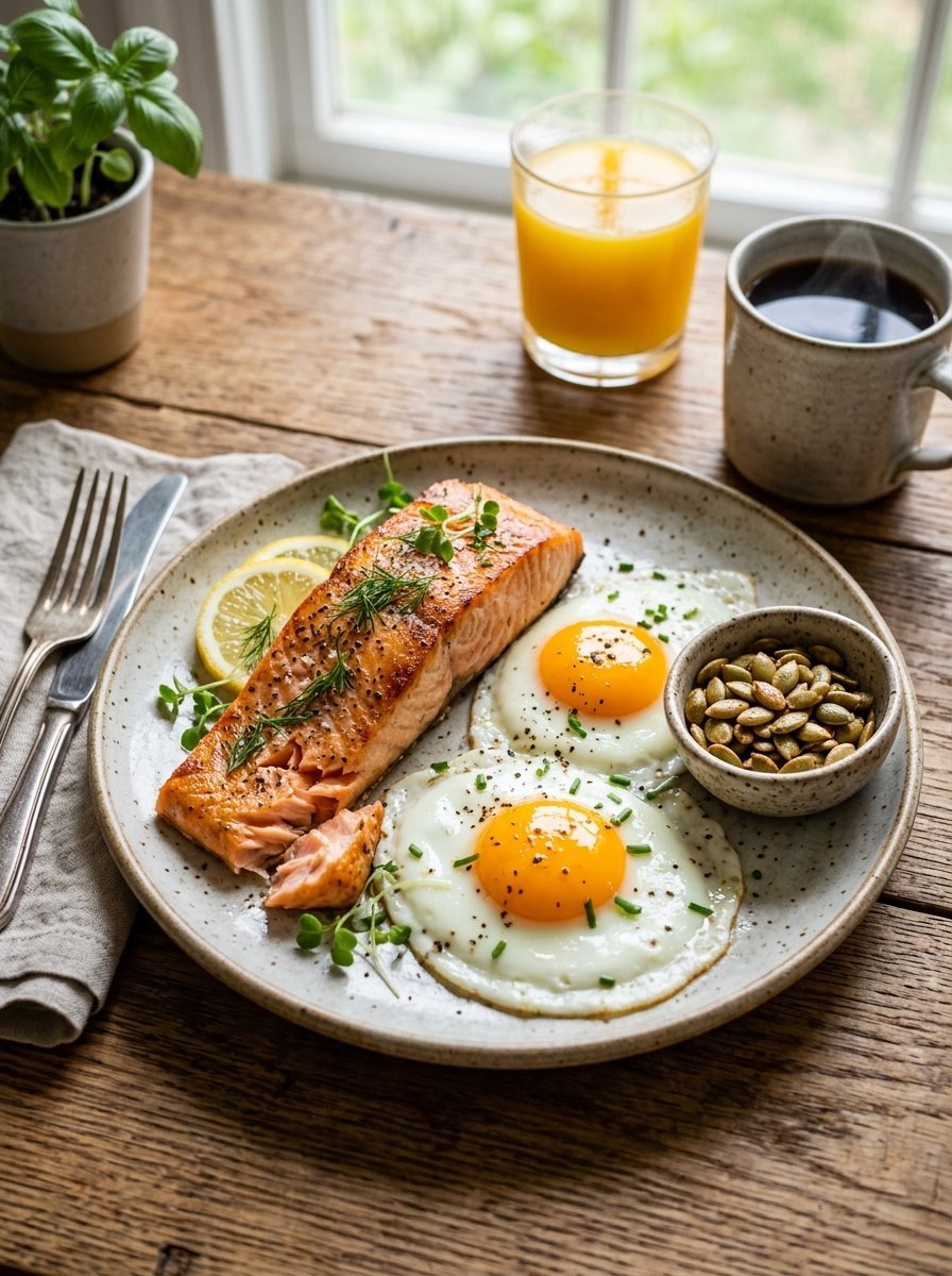 A rustic plate with salmon fillet, two sunny-side up eggs, lemon slices, and a bowl of pumpkin seeds.