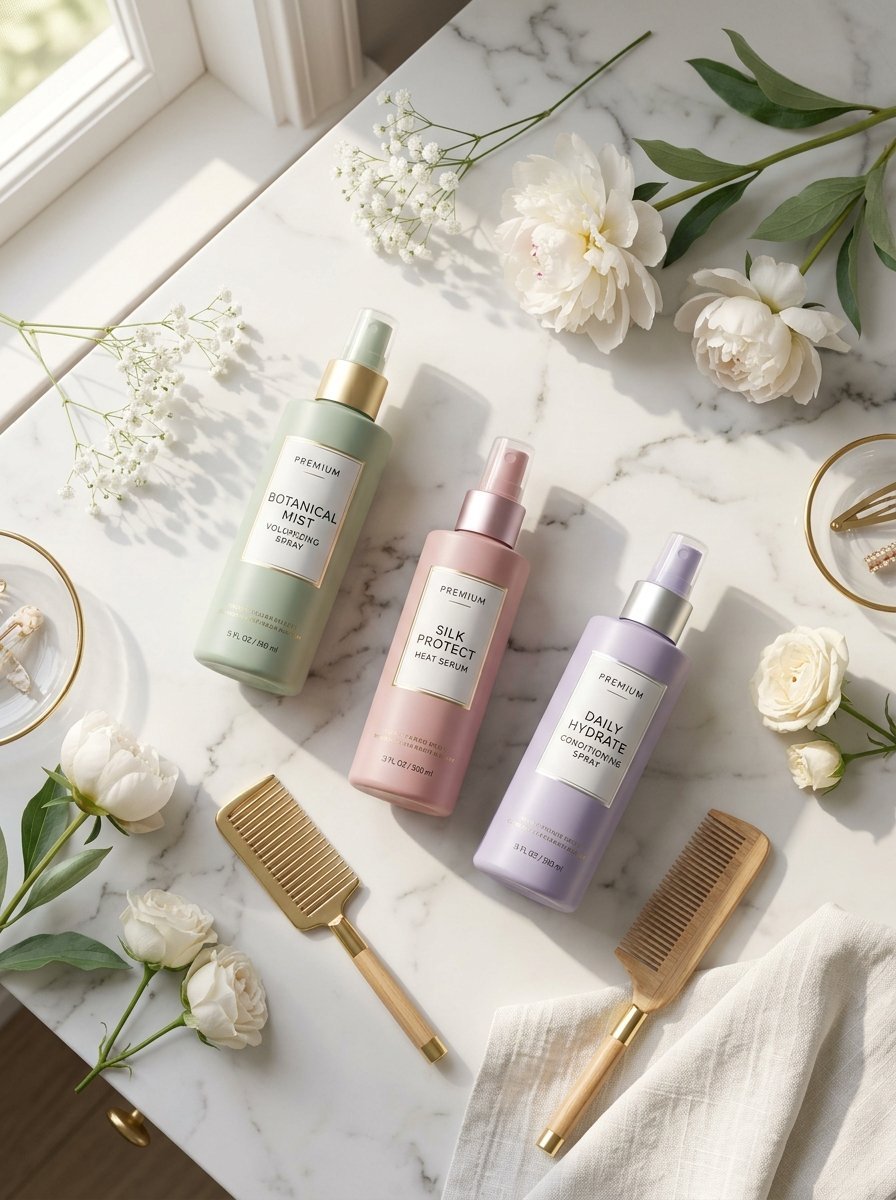 Three colored spray bottles with combs and white flowers on a white marble surface.