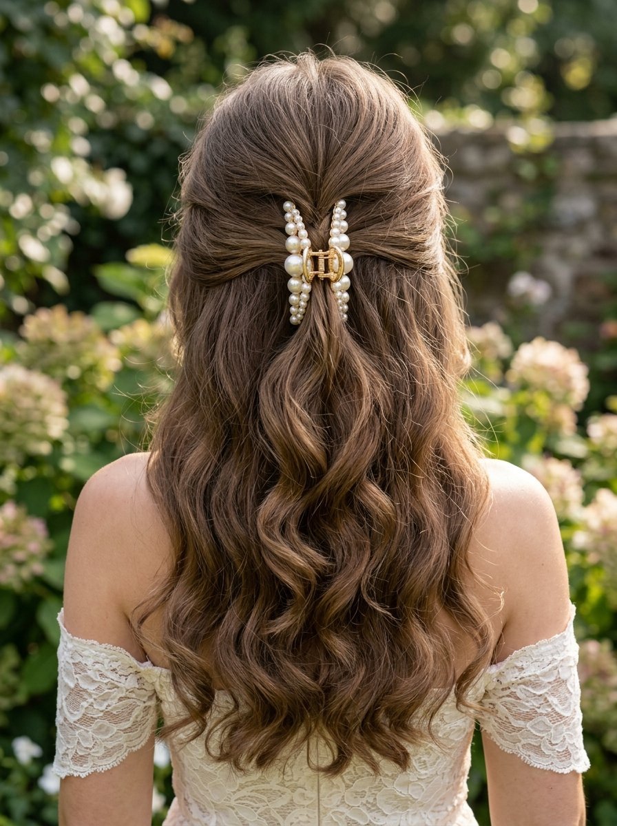 Woman wearing a lace dress with long wavy hair styled in a half-up look secured by a decorative white pearl claw clip.