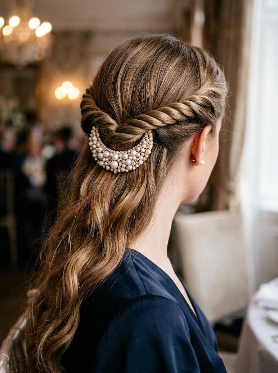 Close-up view of a woman with long wavy hair styled in a half-up twist secured with a decorative pearl crescent pin.
