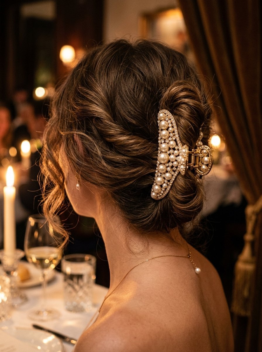 A woman wearing a fancy gold hair claw featuring pearls and rhinestones at a candlelit dinner event.