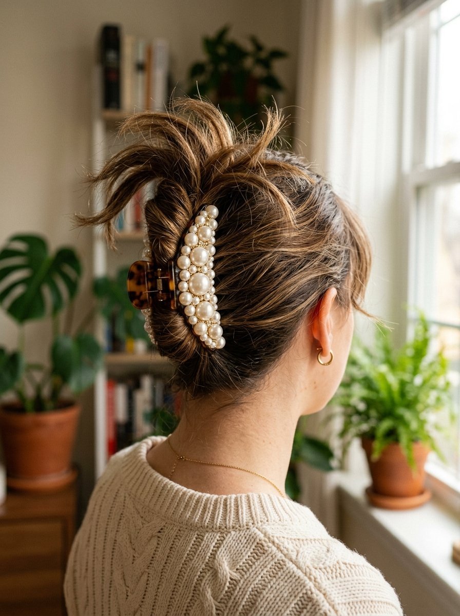 Woman wearing a messy bun held up by a large pearl-encrusted hair clip near a bright window.