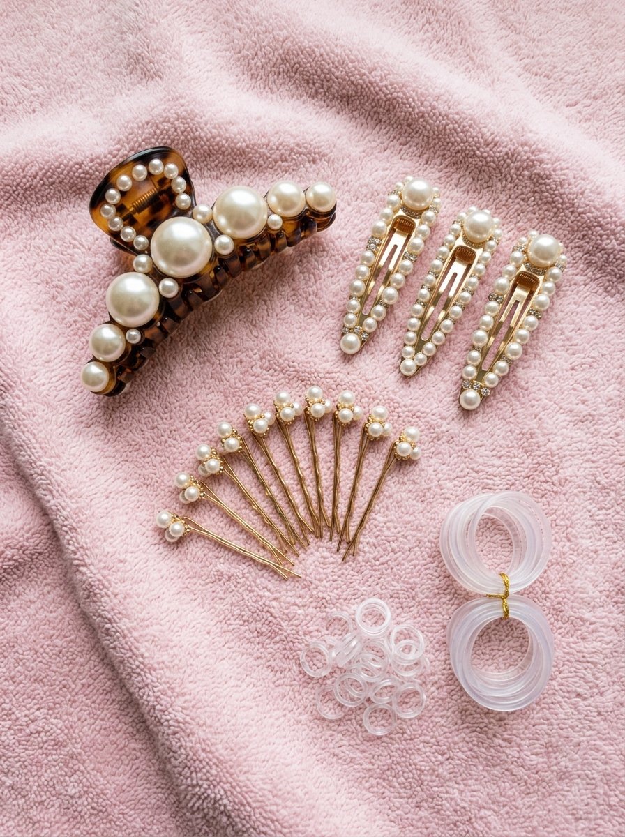 An assortment of faux pearl hair accessories including a tortoise shell claw clip, snap clips, and bobby pins on pink fabric.